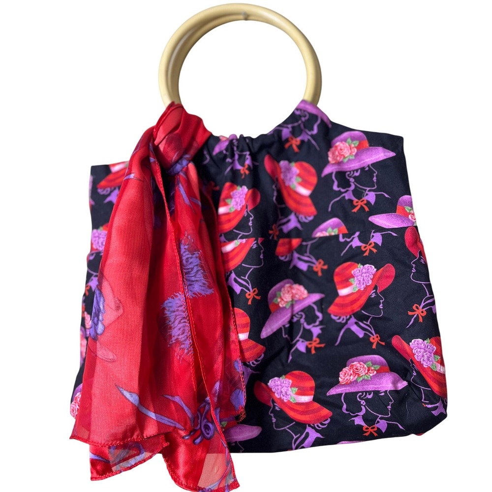 Vtg Red Hat Society Kitschy Bamboo Handle Bag & Scarf Set Grannycore OOAK